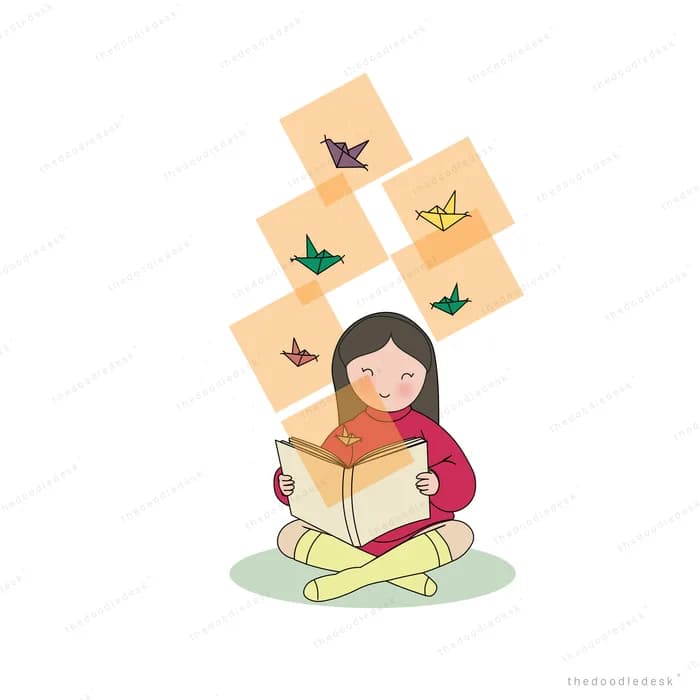 Girl sitting cross-legged reading a book as origami birds fly out of the pages