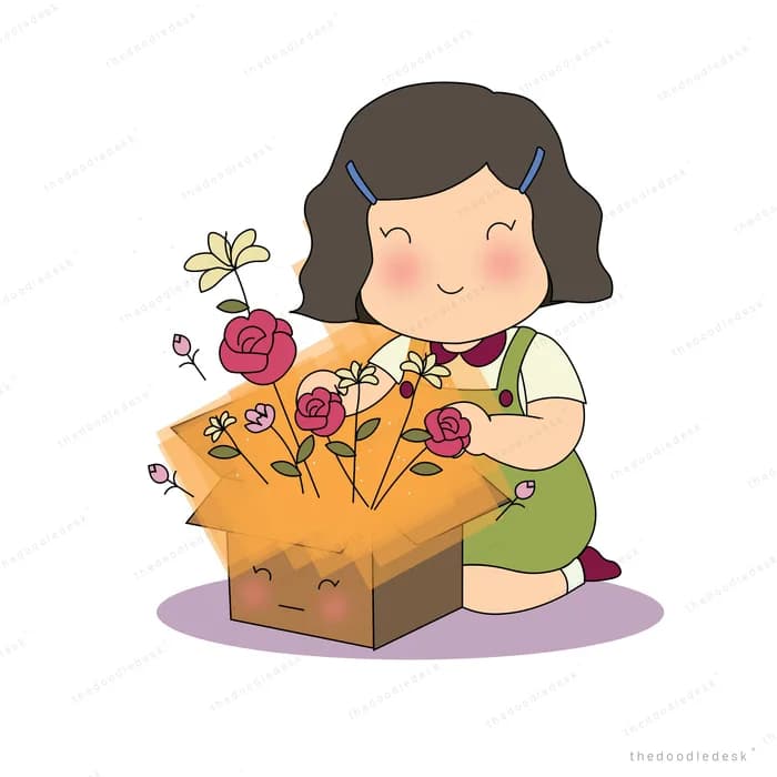Girl kneeling behind a cardboard box overflowing with roses and lilies