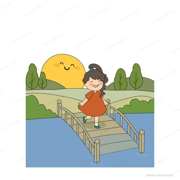 Girl in a red dress standing on a wooden bridge over a river with a smiling sun behind the trees
