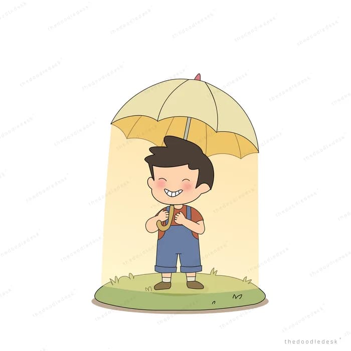 Boy with a backpack standing under a large yellow umbrella