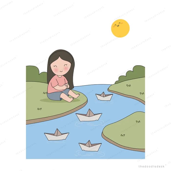 Girl sitting on a wooden jetty floating paper boats down a river under a smiling sun