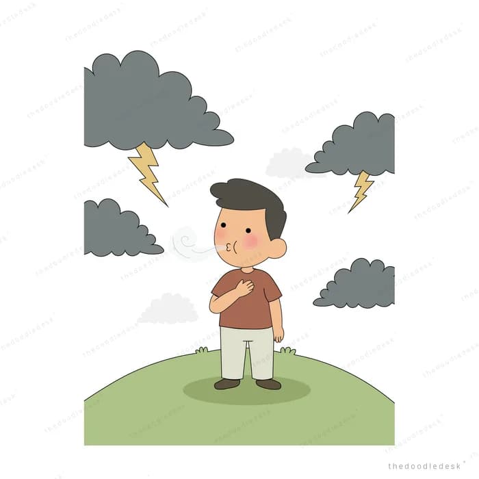 Worried man standing on a green hill under dark storm clouds shooting lightning