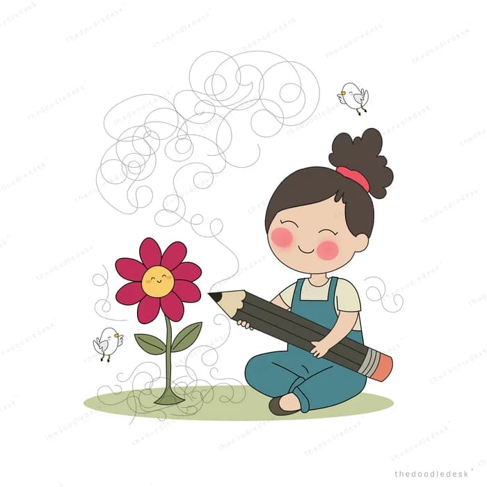 Man in overalls kneeling to draw a big smiling red flower with a pencil as grey smoke clears