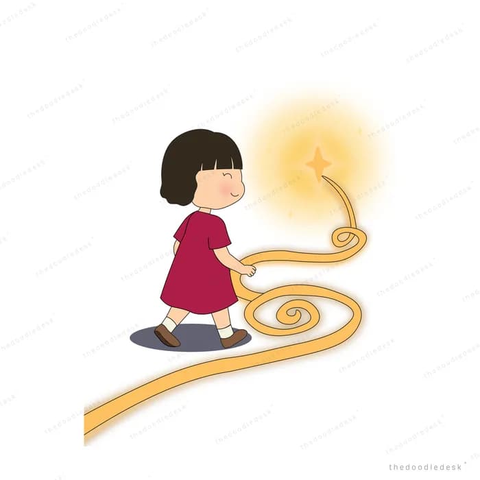 Girl in a red dress walking along a curling golden ribbon path toward a sparkle of light