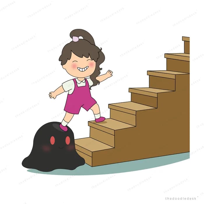 Girl in a pink pinafore climbing wooden stairs leaving a black blob of shadow behind