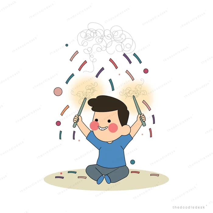 Boy kneeling and waving two lit sparklers as confetti falls from a grey cloud