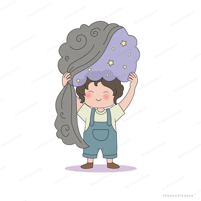 Boy lifting a heavy purple storm cloud off his head with both hands
