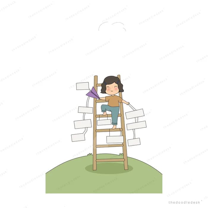 Girl on a wooden ladder pinning paper notes onto a board on a green hill