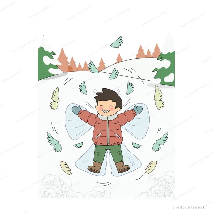 Boy in a red coat lying in the snow making a snow angel under festive bunting