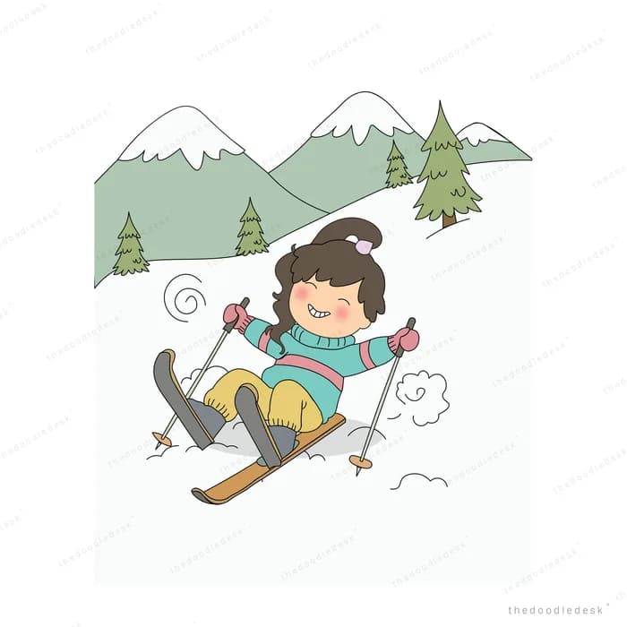 Girl skiing down a snowy slope with poles in hand and mountains behind