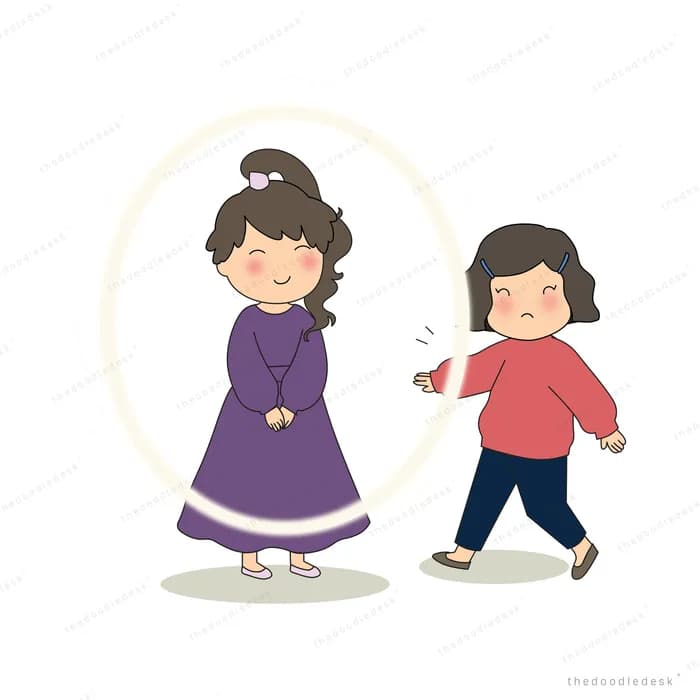 Girl in a purple dress standing inside a glowing ring while another girl walks away with a phone