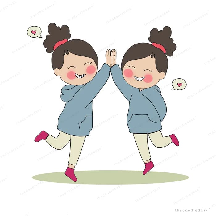 Two girls in matching outfits high-fiving with heart thought bubbles above them