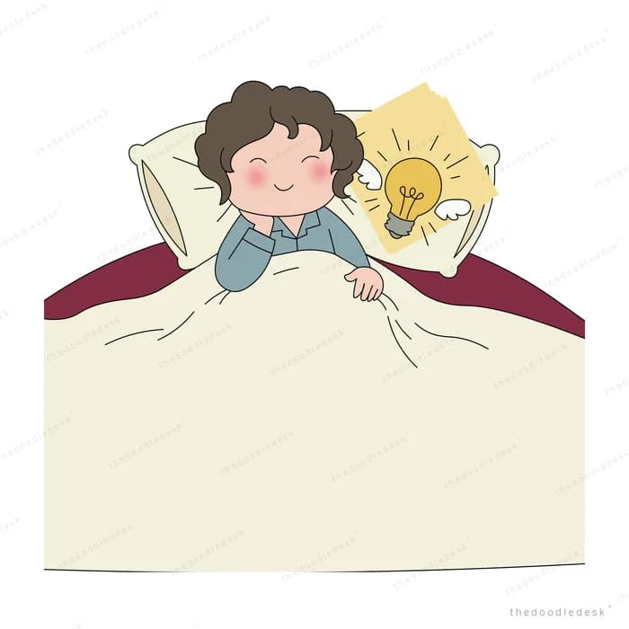 Boy lying awake in bed smiling as a lightbulb glows on the pillow beside him