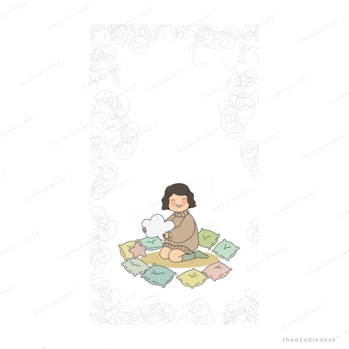 Girl sitting cross-legged with a soft toy among scattered coloured cards on a pale grey floor