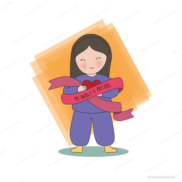 Girl in a blue jumpsuit standing wrapped in a long red ribbon banner