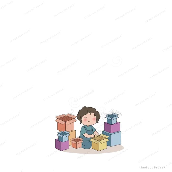 Girl sitting on the floor surrounded by a stack of wrapped gift boxes