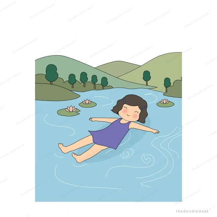 Girl floating on her back in a calm blue lake with green hills behind
