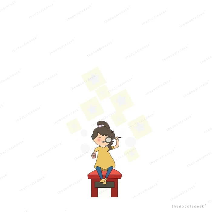 Small girl sitting on a red stool tying up her hair