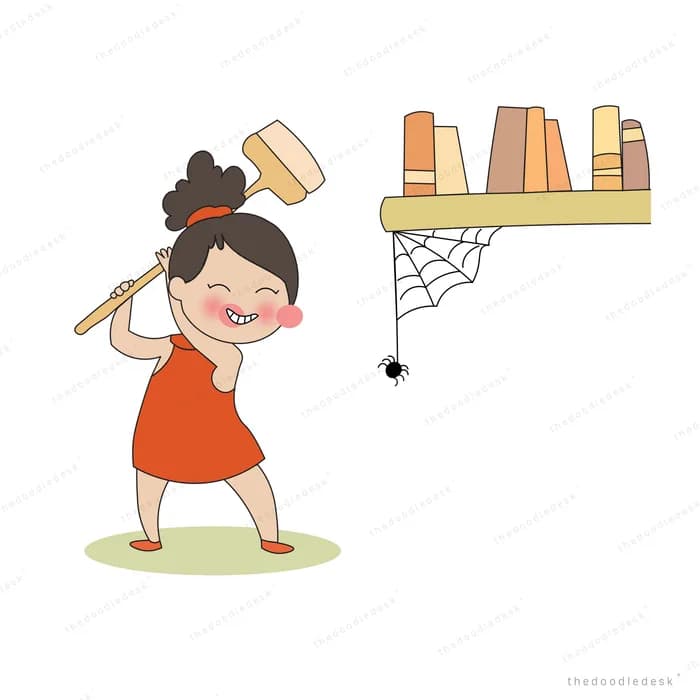 Woman in a red dress swinging a mallet at a spider hanging from a bookshelf