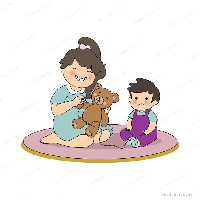 Woman on a rug offering a teddy bear to an upset boy holding a toy