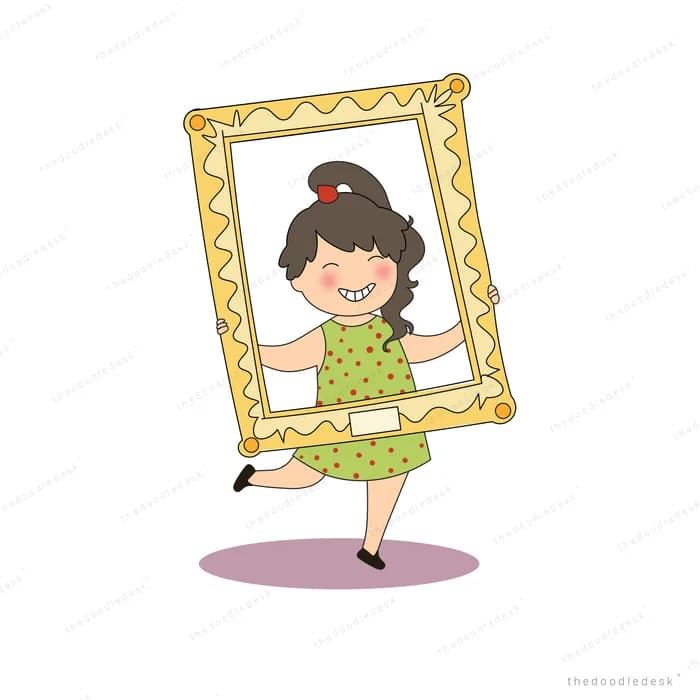Girl in a green polka dot dress dancing while holding a gold picture frame around herself