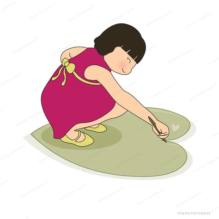 Girl in a magenta dress crouching on a green lawn to dig with a small trowel