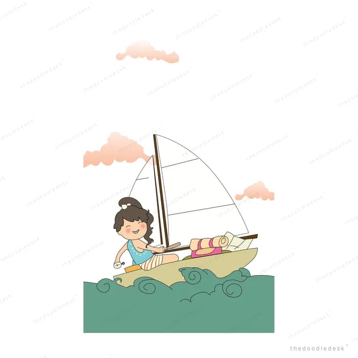 Girl sailing a small white sailboat across green water under pink clouds