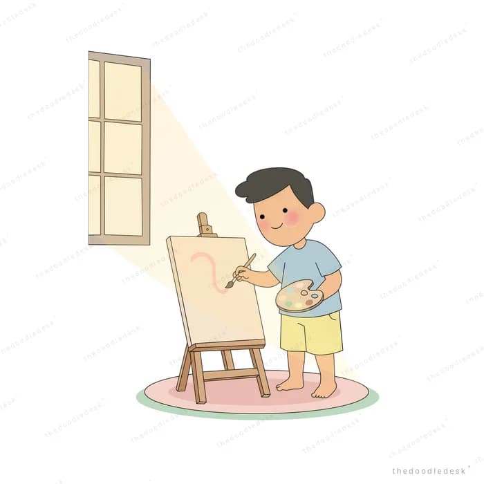 Boy painting on a canvas easel in front of a bright window