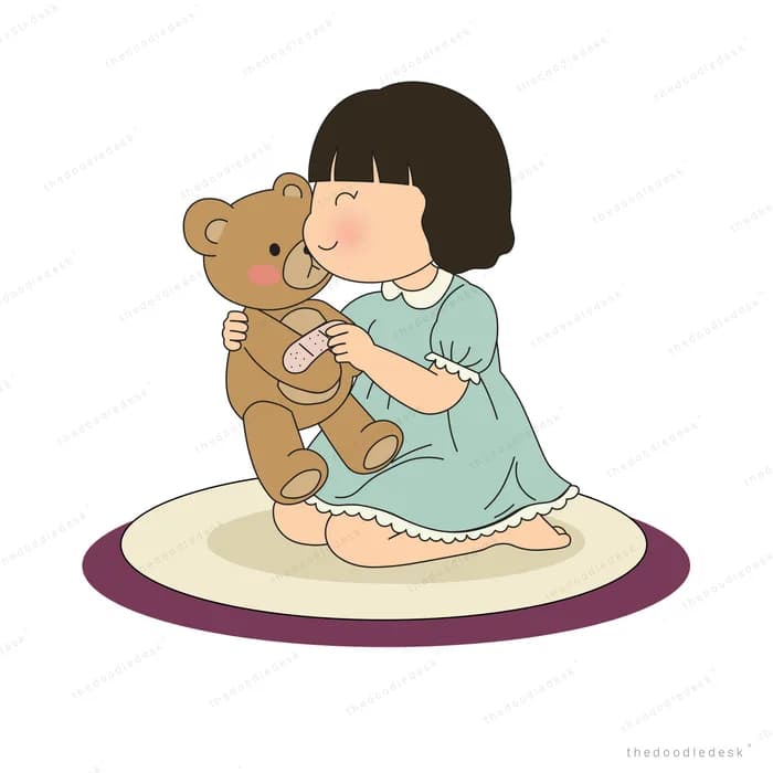 Girl in a nightdress kneeling on a round rug hugging a brown teddy bear
