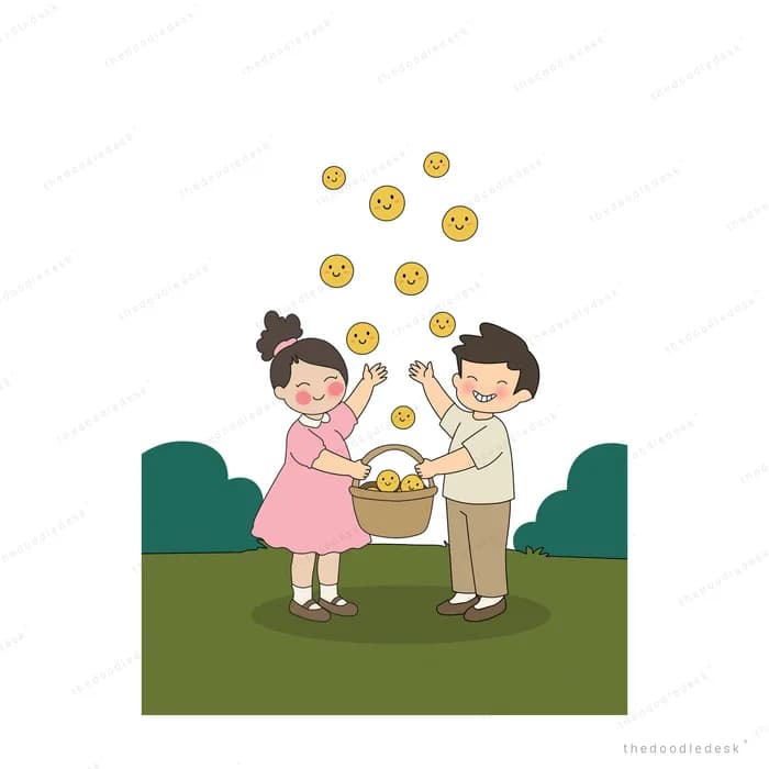 Two children holding a sack to catch smiling gold coins raining down on a lawn