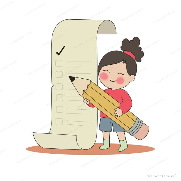Boy carrying a giant pencil to tick items off a long unrolled checklist