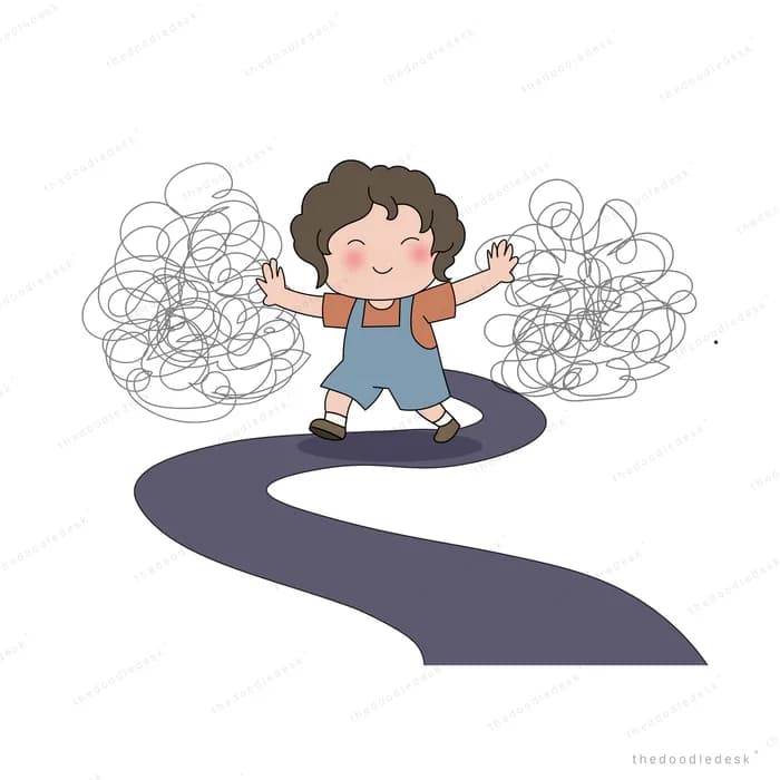 Girl running along a dark winding path carrying a big grey koala plush on her back