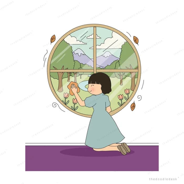 Girl kneeling on a purple rug looking out of a round window at mountains and fields