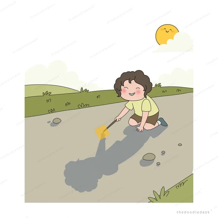 Girl sweeping away grey shadows on a bare grey field as the sun rises behind the hill