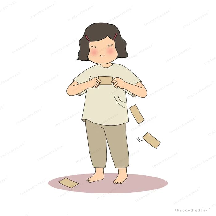 Girl standing still as paper notes peel off her clothes and fall to the ground