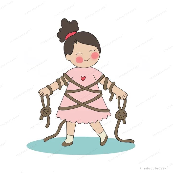 Small girl in a pink dress standing tangled in dark cords on a mostly empty field