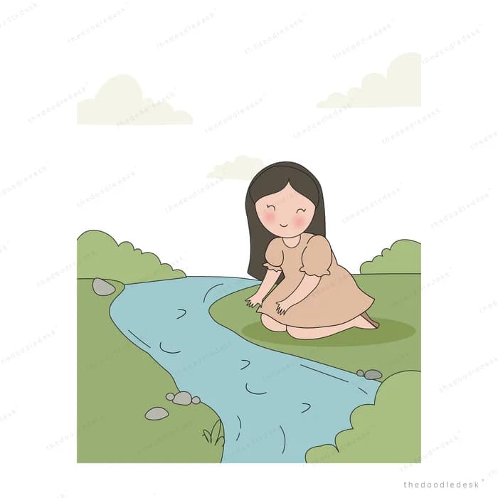Girl kneeling on a green bank dipping her hand into a winding stream