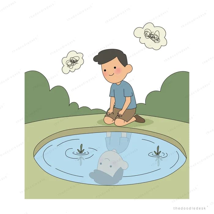 Boy crouching at the edge of a pond watching his reflection with thought bubbles of birds above
