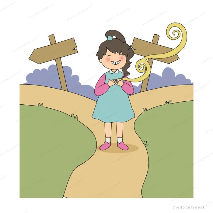 Girl standing at a fork in a dirt road between two wooden signposts