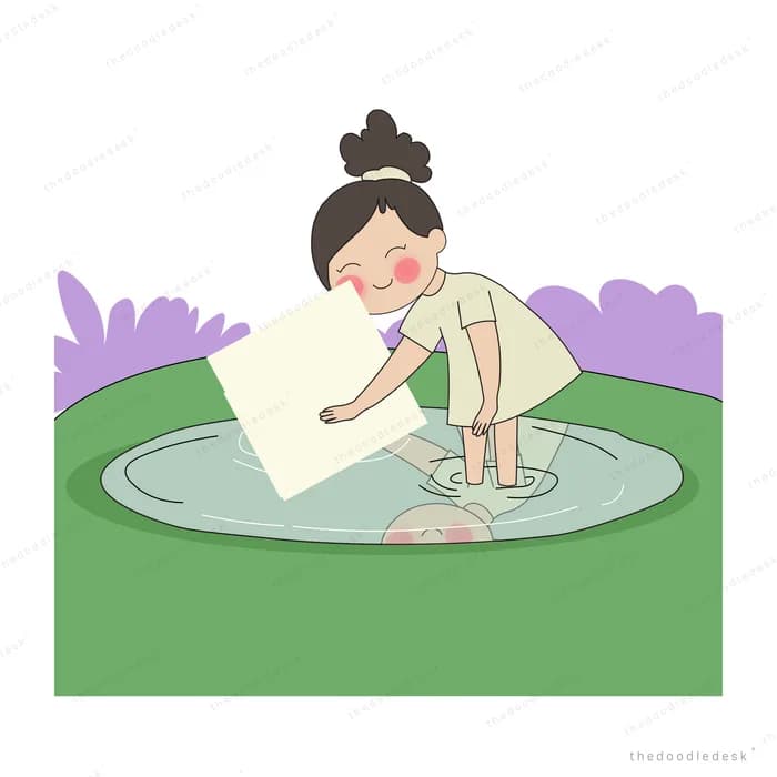 Woman wading into a round green pond and reaching for a small glowing light in the water