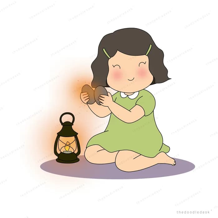 Girl kneeling on a rug holding a small stone beside a lit oil lantern