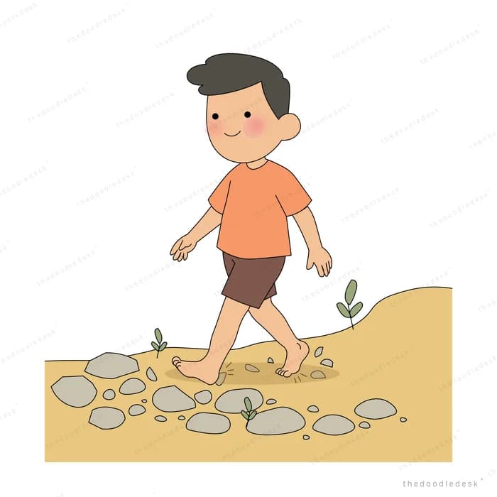 Boy in a cape walking barefoot along a rocky sandy path where small shoots are sprouting