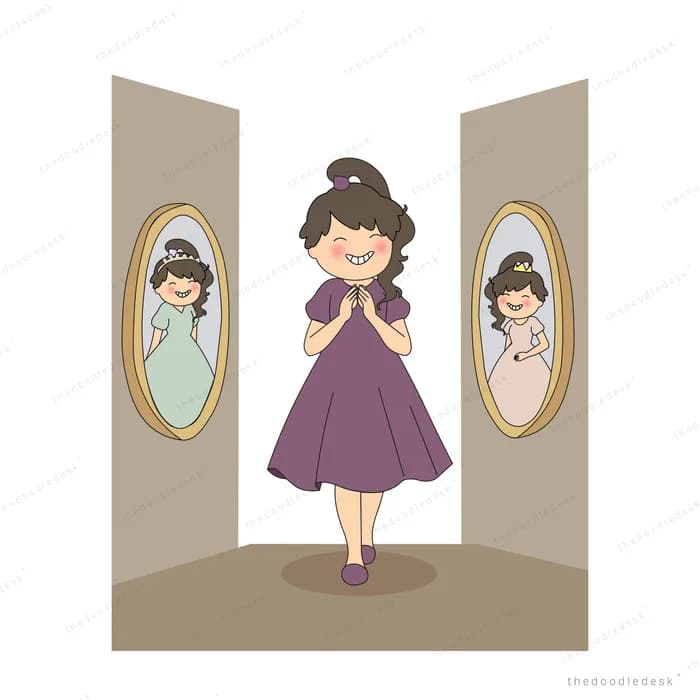 Girl in a purple dress standing between two oval mirrors showing different reflections of herself