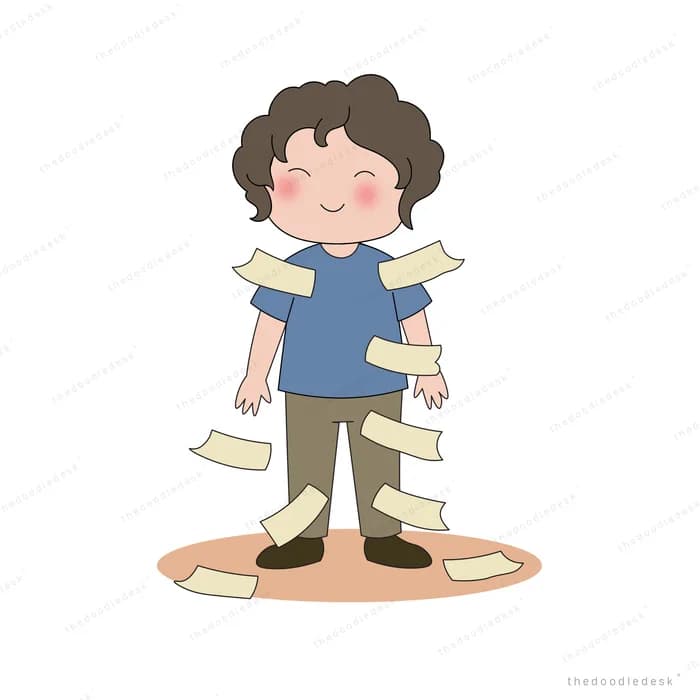 Boy standing covered in paper labels stuck all over his clothes