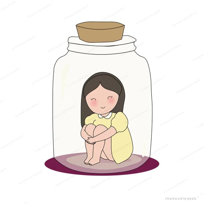 Girl in a yellow dress sitting curled up inside a big corked glass jar