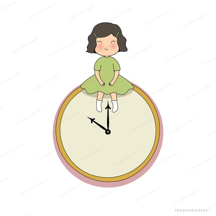 Girl in a cape sitting on top of a giant clock face