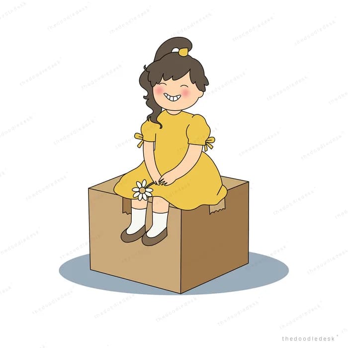 Girl in a yellow dress sitting on a cardboard box holding a small flower