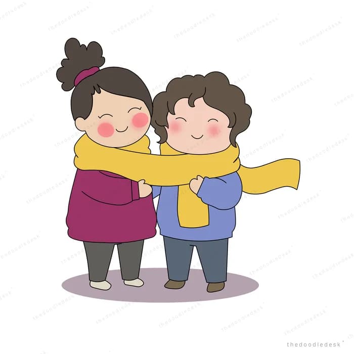 Two children in winter coats hugging while one wraps a yellow scarf around the other