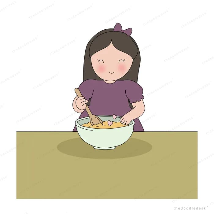 Girl standing at a counter stirring batter in a mixing bowl