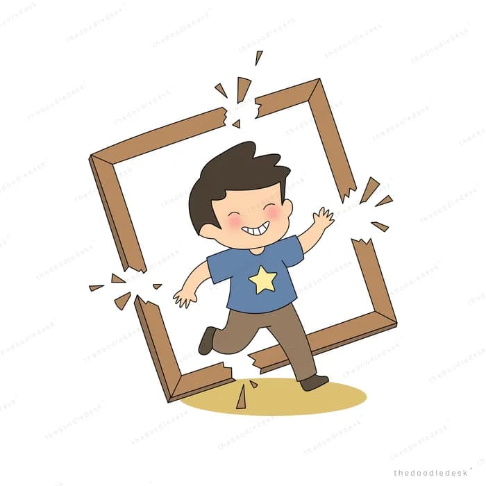 Boy bursting out through a wooden picture frame, breaking its edges
